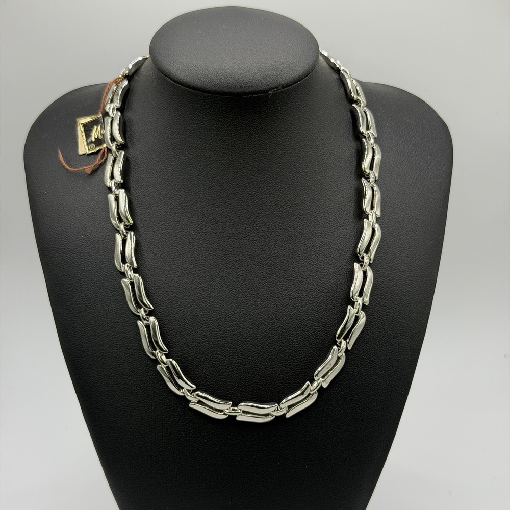 Vintage Signed Monet Silver Tone‎ Wavy Link Necklace Choker New 16" Y2K Designer